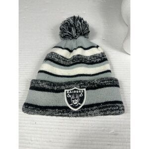Raiders Beanie Hat Adult One Size Black White Gray NFL Football Knit Cap Pom Pom